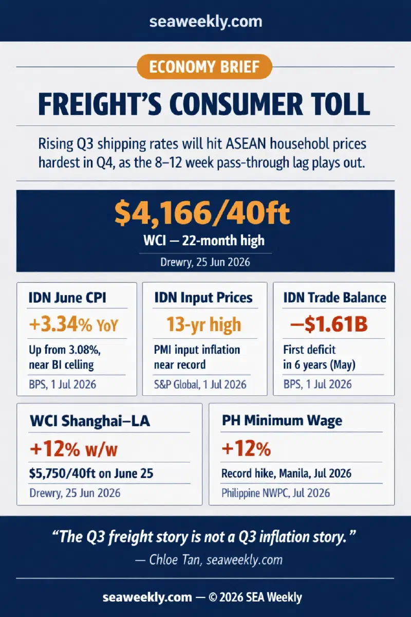 Five ASEAN freight-to-CPI data signals: Indonesia June CPI +3.34%, PMI input prices at a 13-year high, trade deficit -$1.61B in May, WCI Shanghai–LA +12%, and Philippines record 12% minimum wage hike