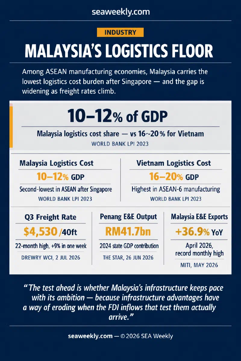 Comparative chart showing logistics cost as percentage of GDP across ASEAN-6 manufacturing economies, with Malaysia at 10–12% second only to Singapore, alongside Drewry WCI freight rate data and Penang E&E output figures