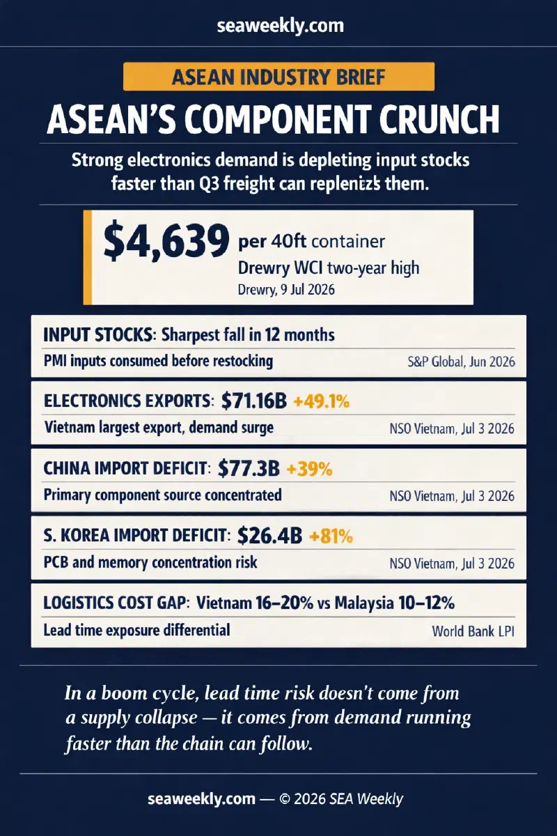 Five data signals on ASEAN electronics lead time volatility: Vietnam PMI input stocks sharpest fall in 12 months, electronics exports $71.16B (+49.1%), China import deficit $77.3B (+39%), South Korea import deficit $26.4B (+81%), Vietnam vs Malaysia logistics cost-to-GDP gap