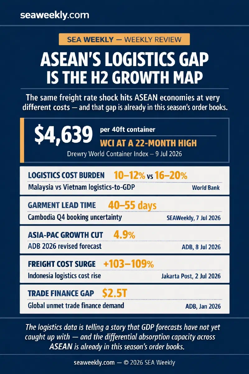 ASEAN logistics cost comparison showing Malaysia at 10-12% versus Vietnam at 16-20% of GDP alongside WCI freight rate at $4,639 and Cambodia garment lead time at 40-55 days