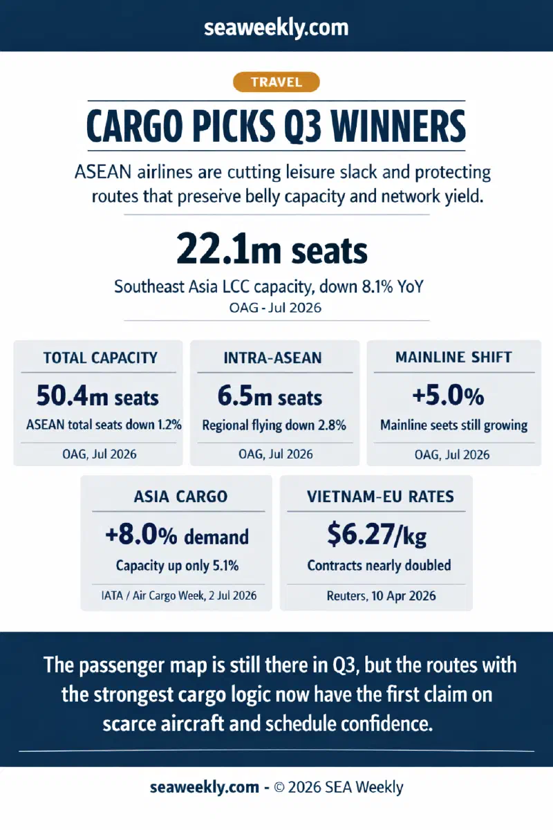 Five ASEAN aviation data signals showing total regional seats down, intra-ASEAN seats down, mainline carrier growth, Asia-Pacific cargo demand growth, and Vietnam-Europe airfreight rates nearly doubling