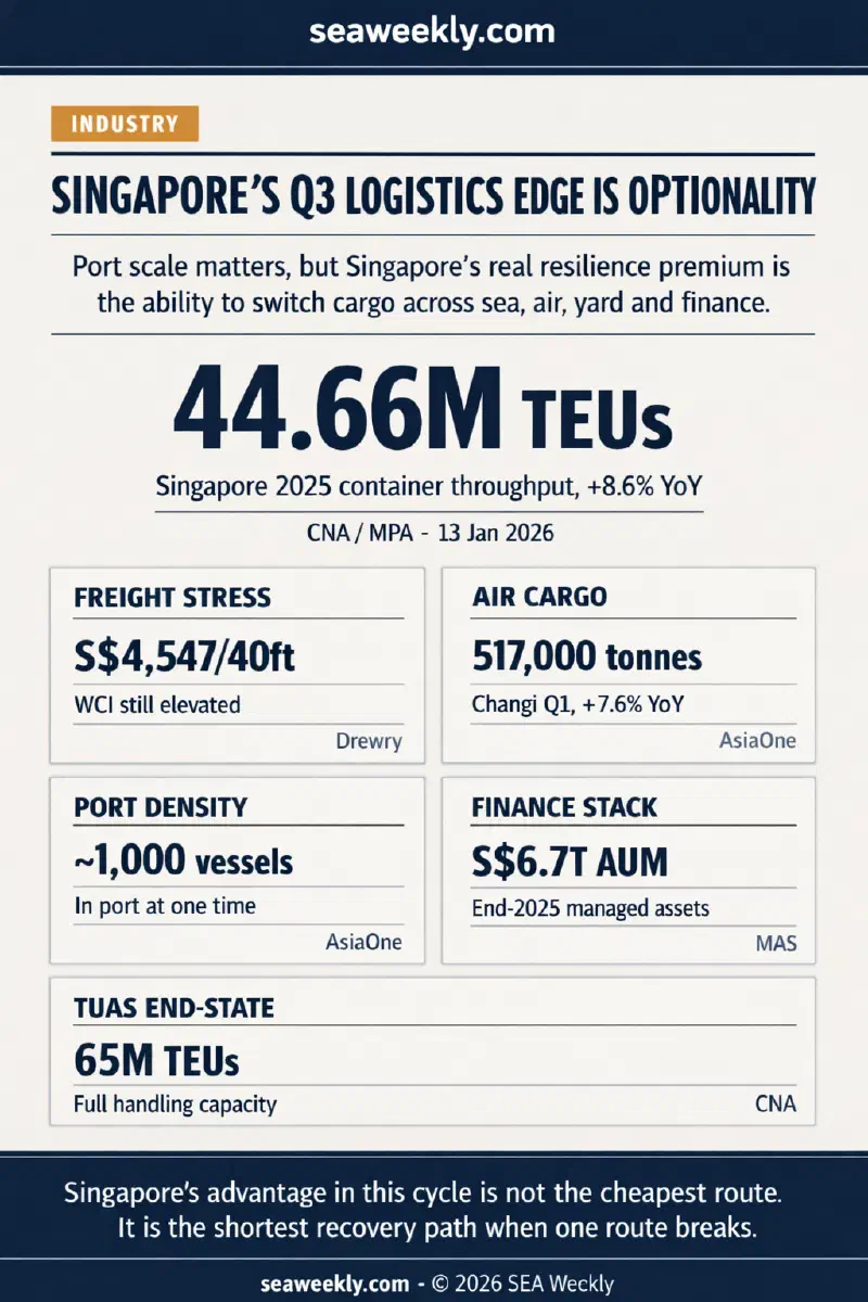 Infographic showing Singapore's Q3 resilience stack with 2025 container throughput, elevated freight rates, Changi cargo growth, port vessel density, Tuas capacity, and finance depth