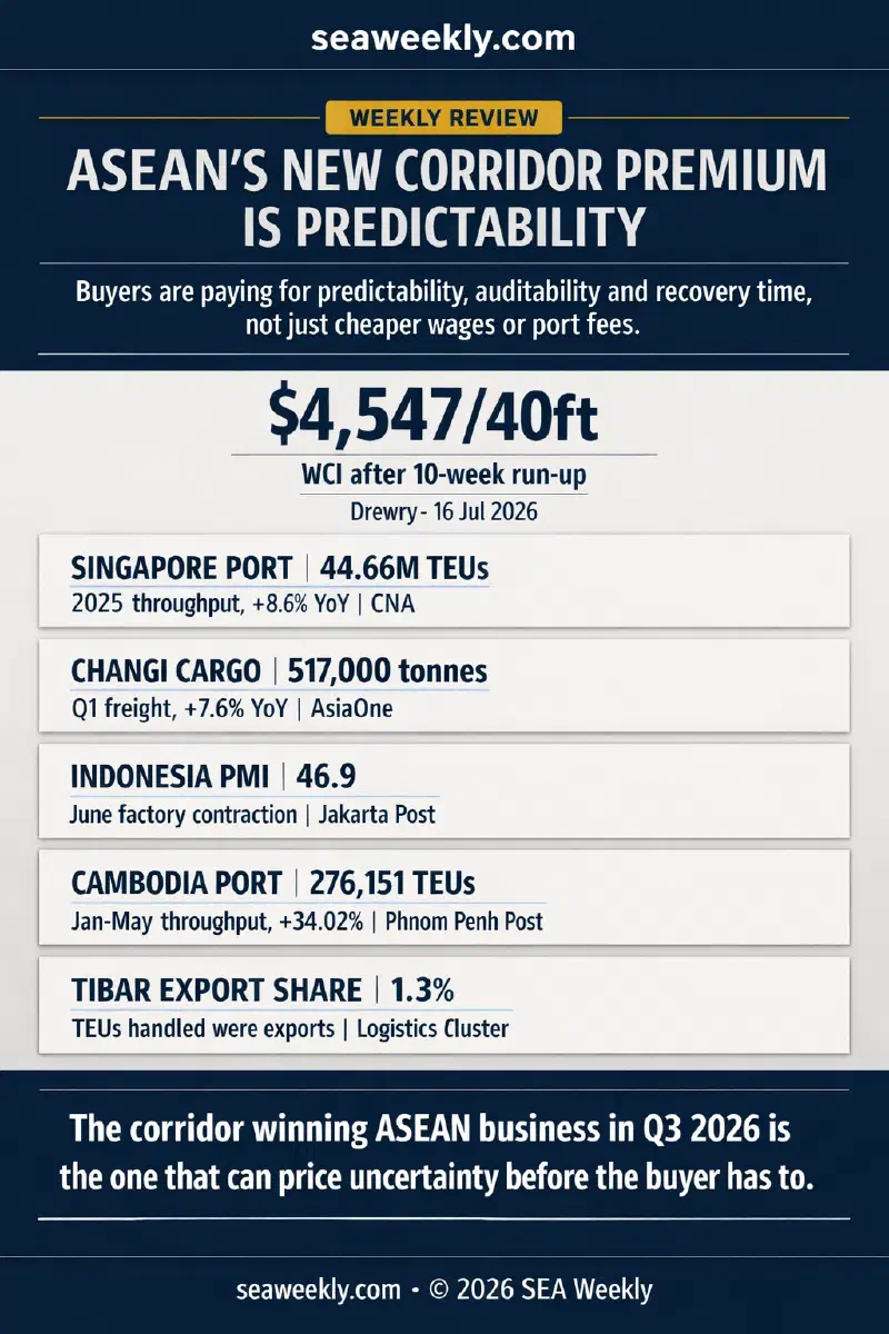 Infographic comparing ASEAN corridor signals across Singapore, Indonesia, Cambodia and Timor-Leste, highlighting port throughput, air cargo, manufacturing PMI and export depth