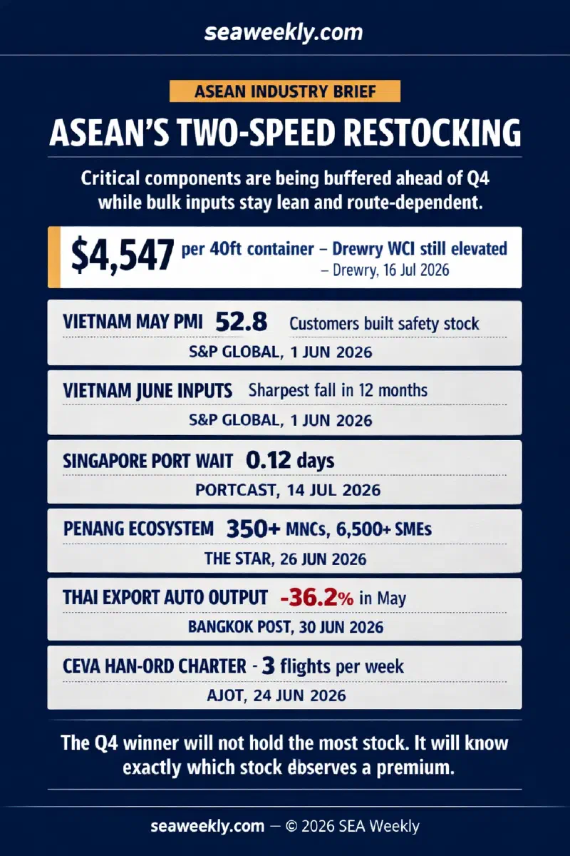 Infographic showing ASEAN electronics inventory strategy across six signals: Vietnam May PMI safety-stock building, June input-stock depletion, Singapore's low port waiting time, Penang's dense electronics ecosystem, Thailand's export-production slump versus domestic sales resilience, and CEVA's Hanoi-Chicago controlled air capacity