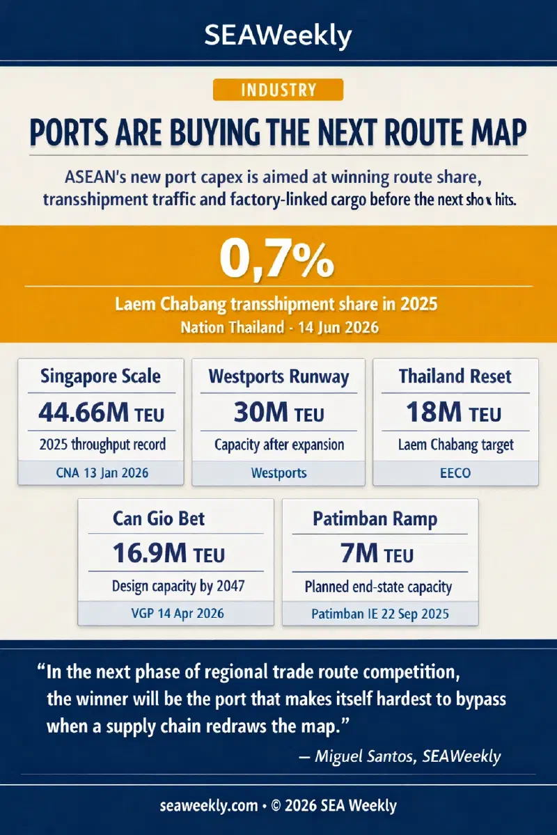 Infographic comparing ASEAN port-investment signals across Singapore, Westports, Laem Chabang, Can Gio and Patimban to show how ports are competing for route share and corridor cargo