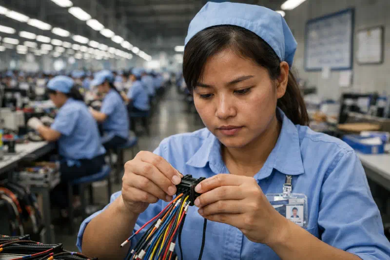 A skilled Cambodian manufacturing worker performing precision assembly at a factory in Kandal province, with the broader factory floor visible behind them.