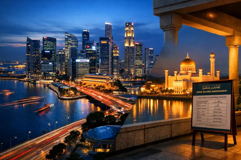 A split-scene comparison between Singapore's high-velocity financial district and Brunei's quieter institutional waterfront, illustrating market intermediation versus stored credibility.