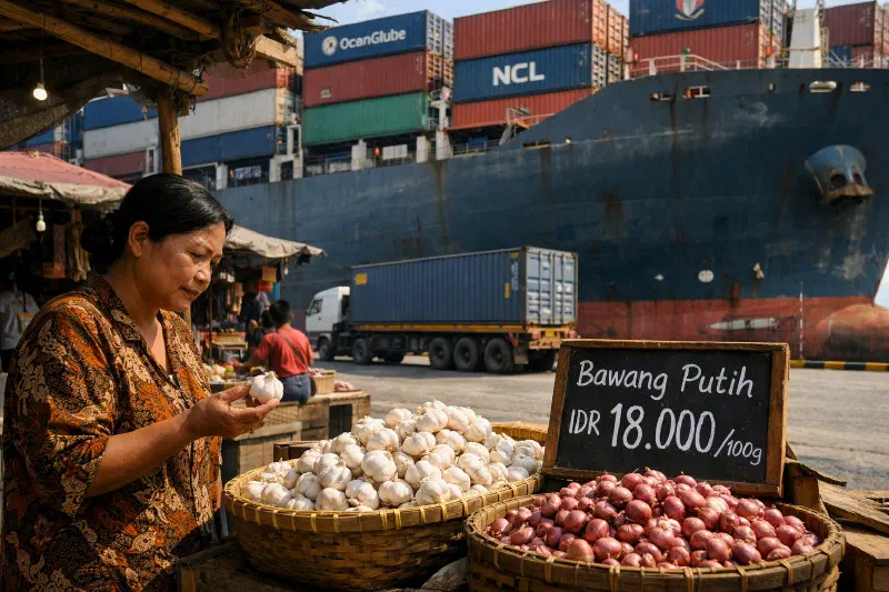 A small food market vendor selling garlic and vegetables near the Tanjung Priok container port in Jakarta, dwarfed by the scale of container ships and stacked containers visible behind her, illustrating the scale contrast between freight infrastructure and household food costs
