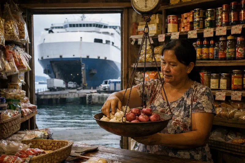 A sari-sari store owner in a provincial Philippine market town weighing garlic and onions on a metal scale, with imported food goods visible on shelves behind her and a roll-on roll-off inter-island ferry visible through the open doorway behind, the vessel dwarfing the store in the frame — an image of two logistics chains in the same picture