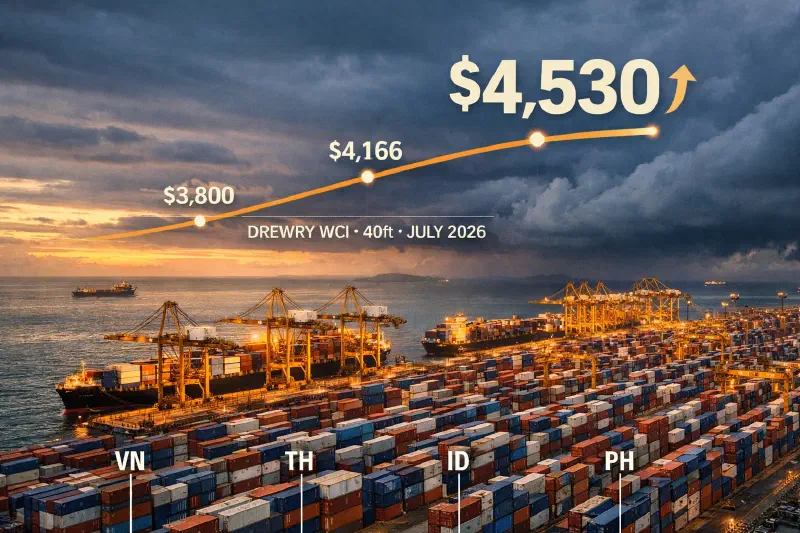 Aerial view of a Southeast Asian container terminal at dusk under building monsoon clouds, container stacks filling the terminal yard to the horizon with cost data annotations superimposed