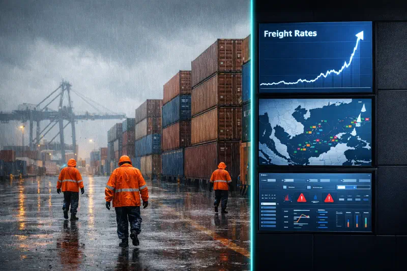 A Singapore logistics command centre with AI dashboards showing real-time freight rate data, behind which large container vessels are visible through the window at Tuas Port, contrasting the digital control layer with the physical scale of monsoon-season shipping operations