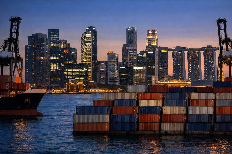PSA Singapore container terminal in the foreground with the Marina Bay financial district rising behind stacked container walls, photographed at dusk from water level.