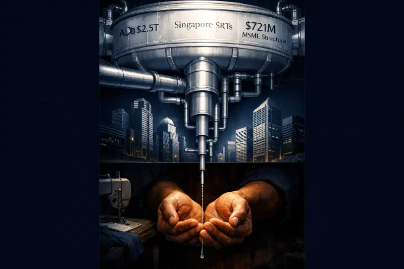 A vast industrial water tower — gleaming, full, lit from above — with progressively narrower pipes leading downward. At the base, a pair of worn hands cupped beneath the thinnest pipe, catching barely a trickle, against a shadowed factory floor background.