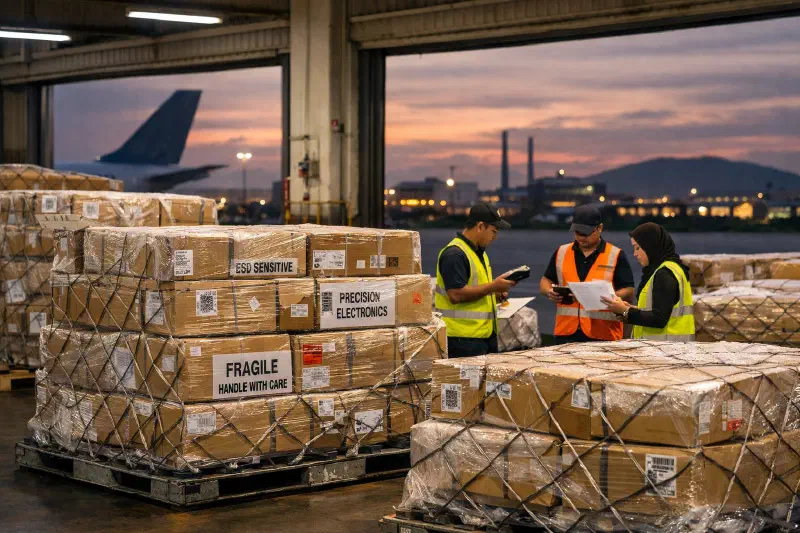 Cargo pallets loaded with sealed electronic component boxes at Penang International Airport cargo terminal at dusk, with industrial silhouettes visible through open hangar doors