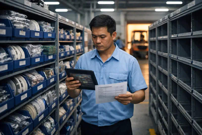 Electronics component bins at a Vietnamese manufacturing facility, some stocked and some conspicuously empty, with a worker cross-checking delivery manifests against inventory on a tablet