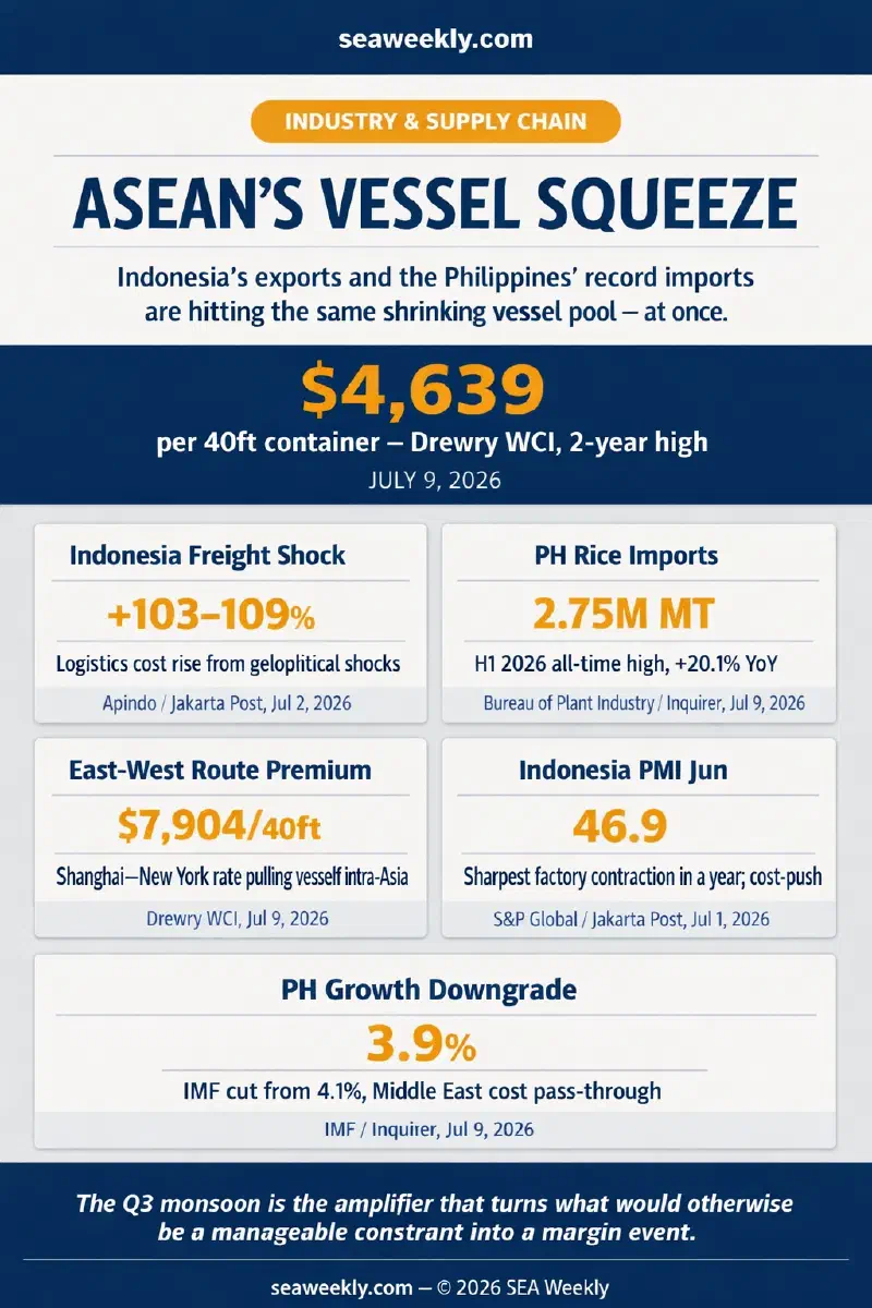 Side-by-side comparison of Indonesia commodity export freight volumes and Philippines food import freight volumes straining ASEAN vessel pool in Q3 2026, with key statistics and rate data