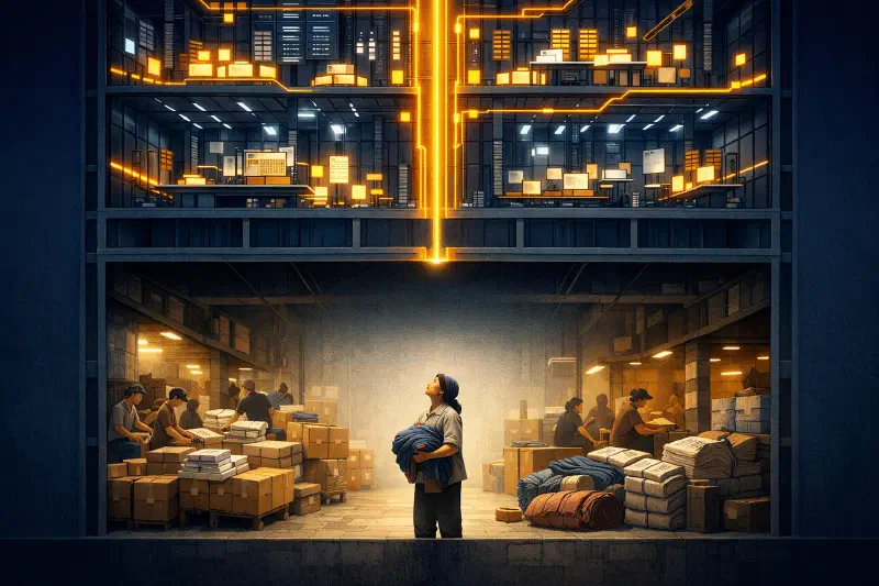 A towering glass financial institution illuminated by sophisticated data flows and AI processing indicators at its upper levels, while at street level below, small-scale factory workers and traders stand in shadow, their hands holding paper documents and manual ledgers — the digital infrastructure visibly failing to reach them