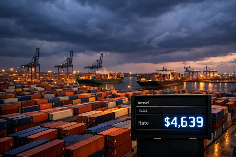 Wide-angle view of a Southeast Asian container port at dusk, cranes and stacked containers stretching to the horizon under a heavy monsoon sky, with a single trade data terminal visible in the foreground