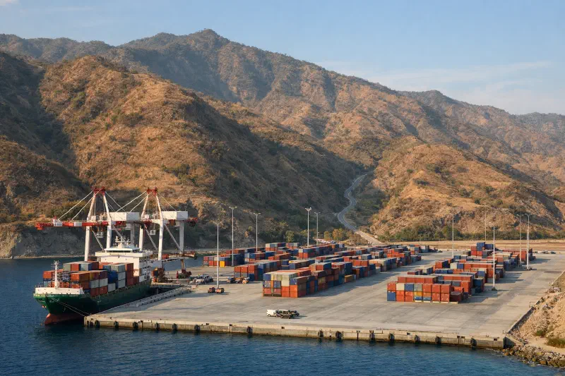 Tibar Bay Port's modern deep-water terminal with rugged Timor-Leste hills and a thin inland transport corridor beyond