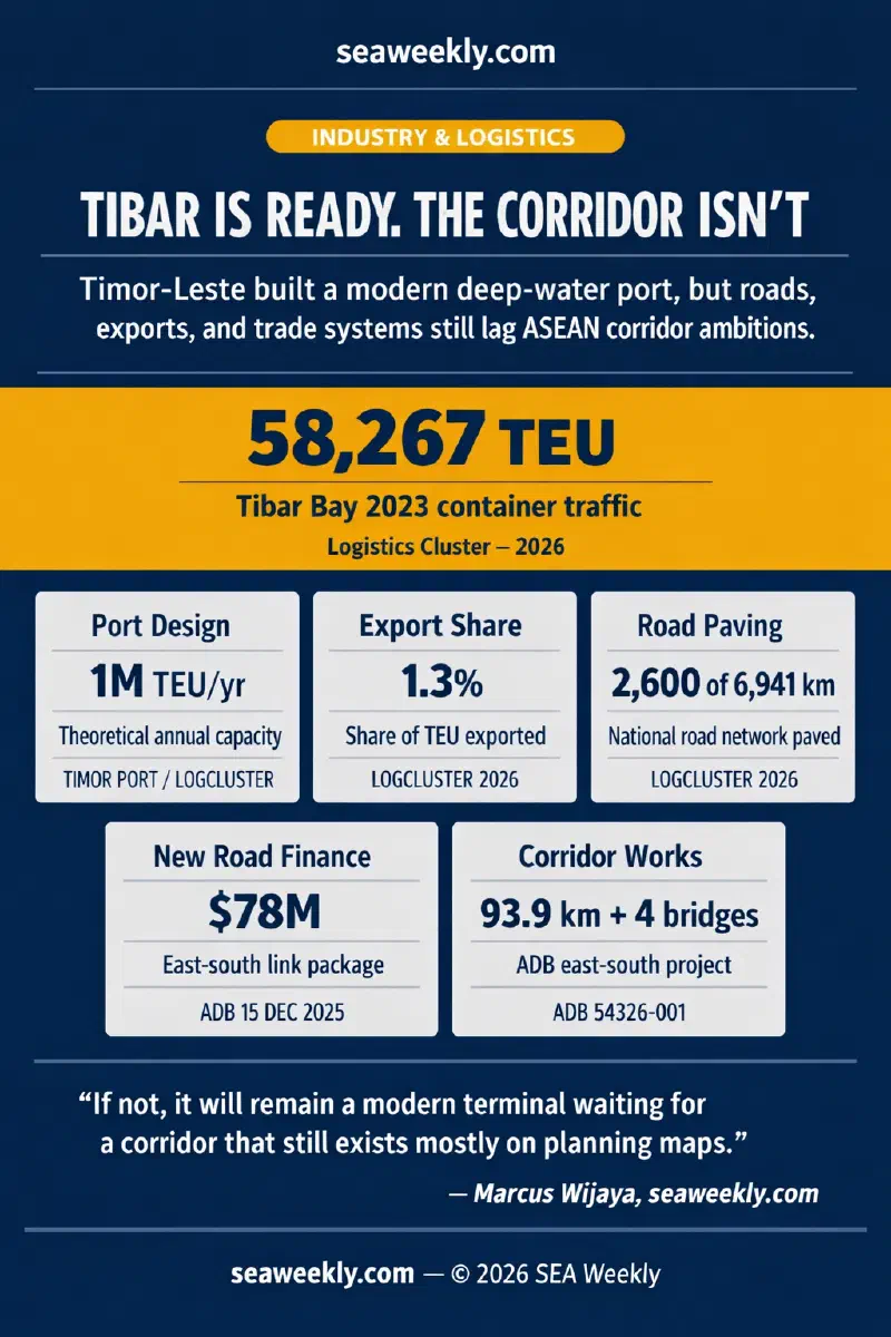 Infographic comparing Tibar Bay Port's high designed capacity with low actual throughput, tiny export share, limited paved roads, and new ADB road financing in Timor-Leste