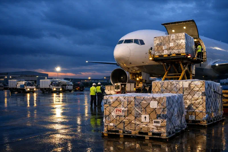 Workers load palletized electronics cargo into a widebody freighter at a Vietnamese airport cargo apron under dark monsoon clouds, with freight loaders and trucks positioned around the aircraft