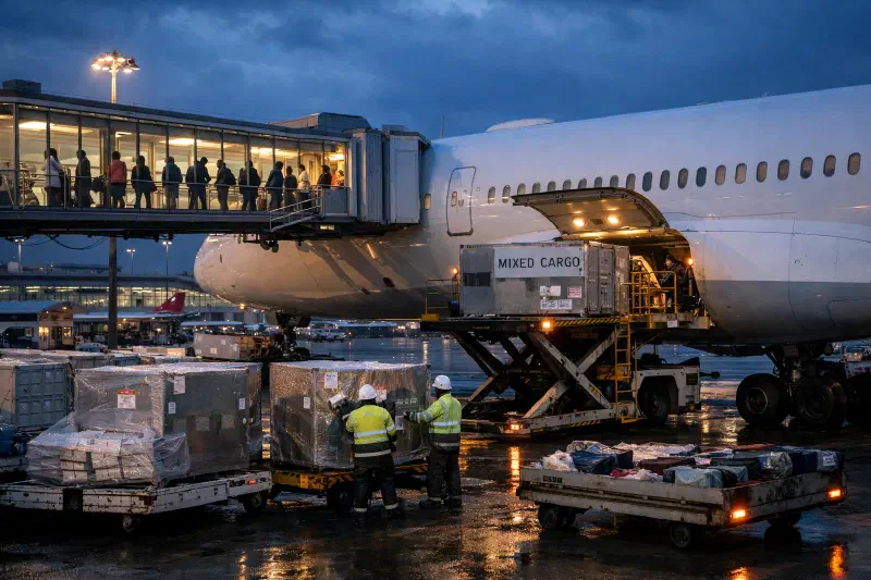 At a major Southeast Asian hub airport during monsoon blue hour, ground crews load cargo containers into the lower hold of a widebody passenger jet while passengers board through a lit jet bridge above