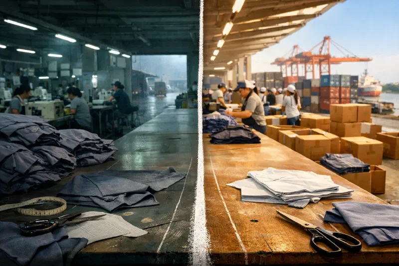 Split-scene of a garment sourcing corridor, with a dim Myanmar factory floor on one side and an orderly Cambodian export line leading toward container stacks on the other