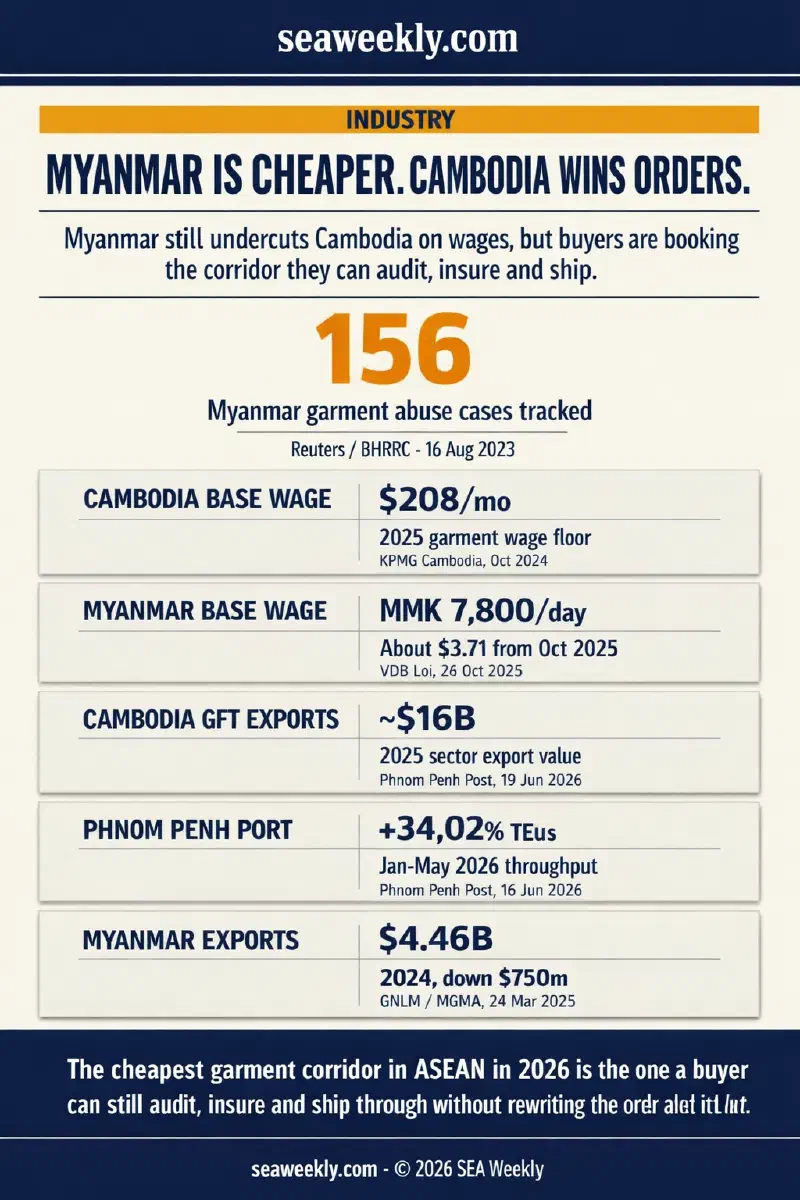 Comparison infographic showing Cambodia and Myanmar garment sourcing metrics, including statutory wages, Myanmar labour-abuse cases, Cambodia export scale and Phnom Penh port throughput
