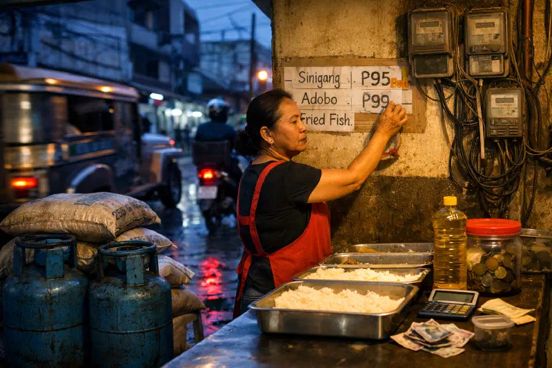A cramped Metro Manila carinderia with sacks of rice stacked beside blue LPG cylinders, a handwritten menu with newly taped-over prices, and electric meter boxes under dense power lines, showing food, fuel, and power costs converging in a single household-facing business