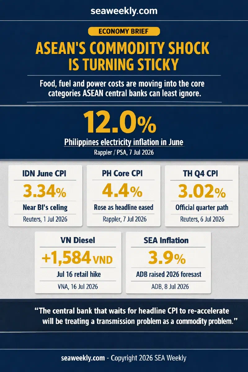A portrait infographic comparing ASEAN inflation pass-through signals, including Indonesia's 3.34% June inflation, the Philippines' 4.4% core CPI, Thailand's 3.02% Q4 CPI path, Vietnam's July diesel price hike, and ADB's 3.9% Southeast Asia inflation forecast