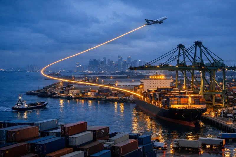 Blue-hour view of Singapore's working port with dense container stacks and cranes in the foreground, a cargo aircraft climbing in the distance, and the financial skyline faint on the horizon