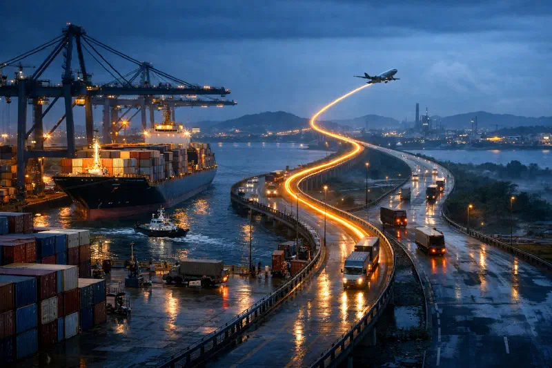 Elevated blue-hour view of a Southeast Asian logistics interchange where a dense container terminal, cargo aircraft, and branching inland corridor reveal which routes can still move reliably under Q3 pressure