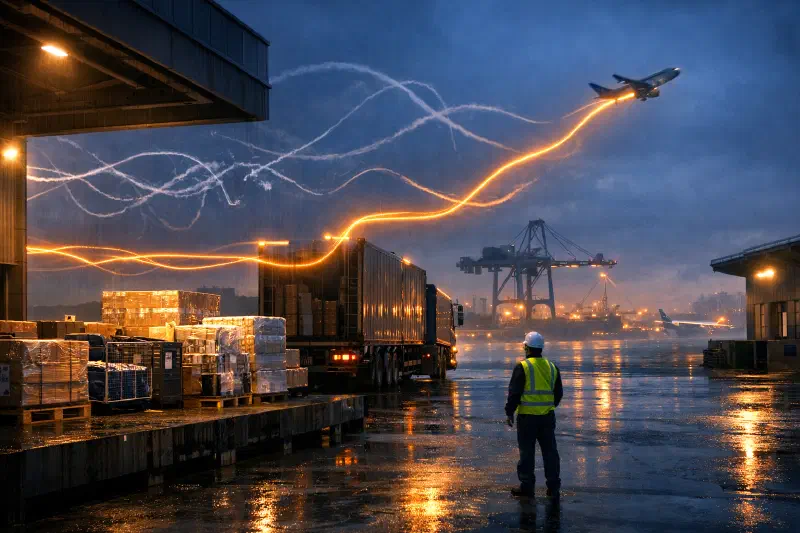 Night-time loading dock at a Southeast Asian factory with palletized electronics ready for shipment, one consignment connected by a clear illuminated route through truck, port and aircraft while other routes fade into stormy haze