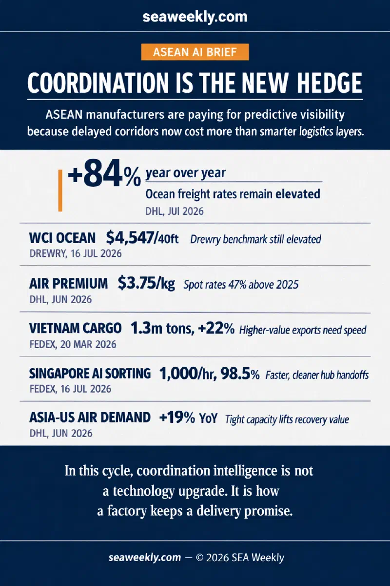 Infographic showing five signals behind ASEAN manufacturers' shift toward AI coordination tools: elevated ocean container rates, expensive airfreight, rising Vietnam cargo throughput, AI sorting speed at Singapore's FedEx hub, and strong Asia-to-North America air shipment growth