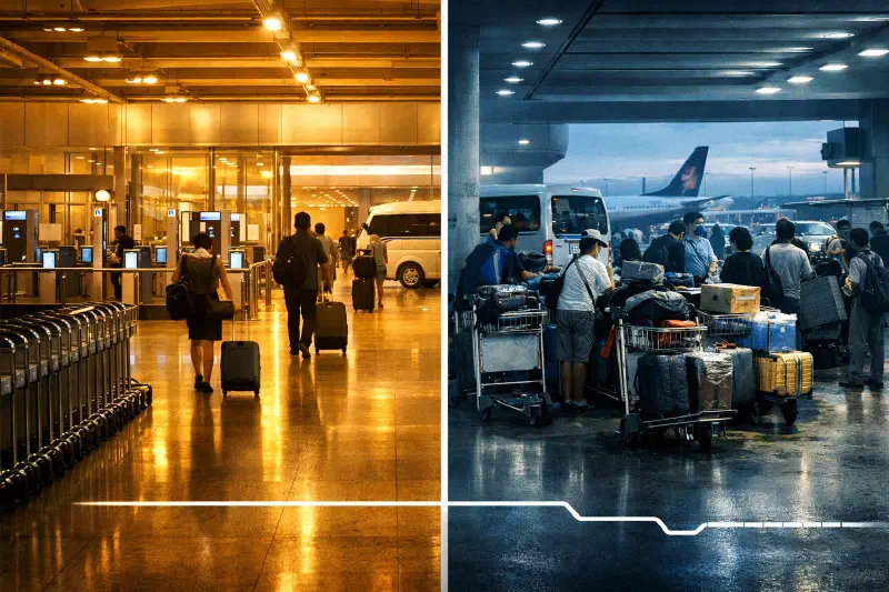 Split-frame view of an efficient airport-to-hotel arrival chain in Thailand and a compressed airport-transfer queue in the Philippines during peak season