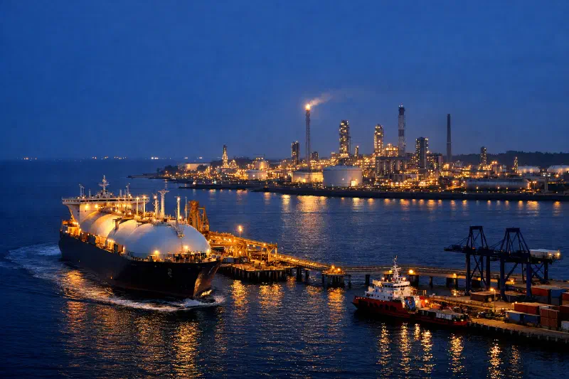 Blue-hour documentary view of Brunei's energy coast with an LNG carrier at an illuminated loading jetty, refinery lights in the distance, and a modest working port edge in the foreground