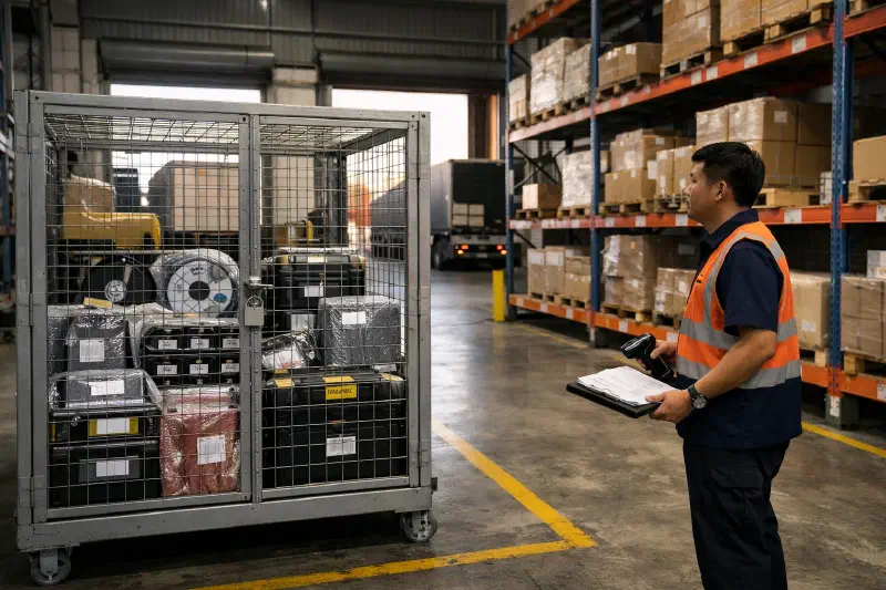 Bonded electronics warehouse in a Southeast Asian logistics hub where a small locked cage of high-value components is fully stocked while nearby bulk shelves remain sparse, with air cargo and container-handling activity visible beyond the loading bays