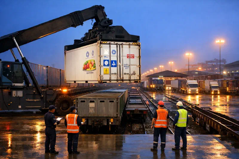 A reach stacker transfers a refrigerated container between parallel freight tracks at Thanaleng Dry Port near Vientiane, with standard-gauge and metre-gauge wagons, stacked containers, and floodlit warehouses visible at dusk