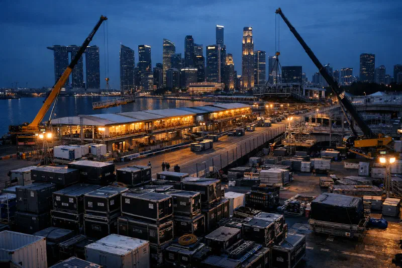 A blue-hour load-in zone at a Southeast Asian waterfront street circuit where cranes, freight cases, temporary pit structures and grandstands sit within walking distance of premium hotels and a dense city skyline