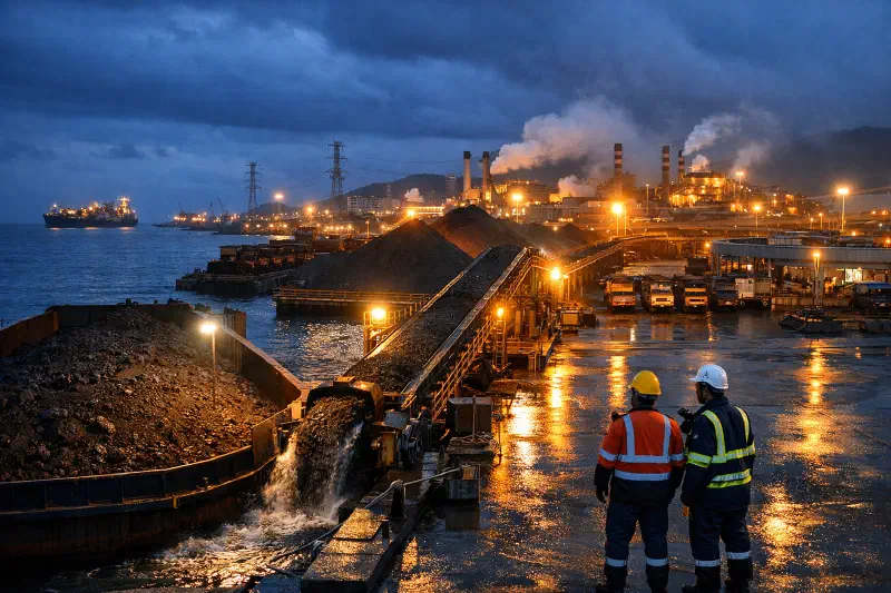 Blue-hour view of a dense nickel industrial shoreline in Morowali, with an ore barge unloading into a captive jetty, conveyors feeding stockpiles, and a smelter complex lit behind it