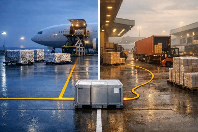 A split-scene of high-value semiconductor cargo being handled at a disciplined Malaysian air-cargo terminal and containerized electronics freight moving through a Vietnamese industrial export corridor under monsoon skies