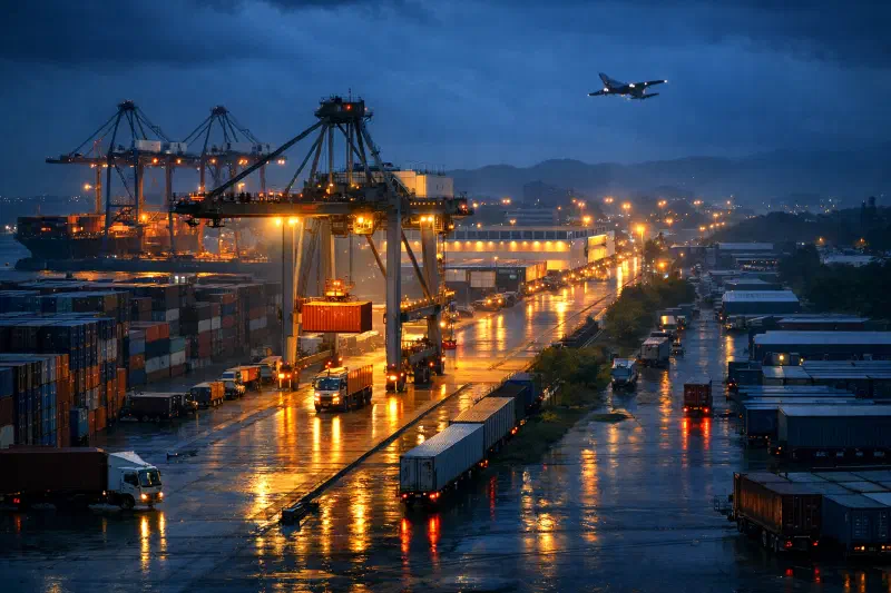 An elevated blue-hour view over a Southeast Asian logistics interchange where container berths, a cargo aircraft, inland transfer yards, and a few brightly lit freight lanes stay active under monsoon-dark skies