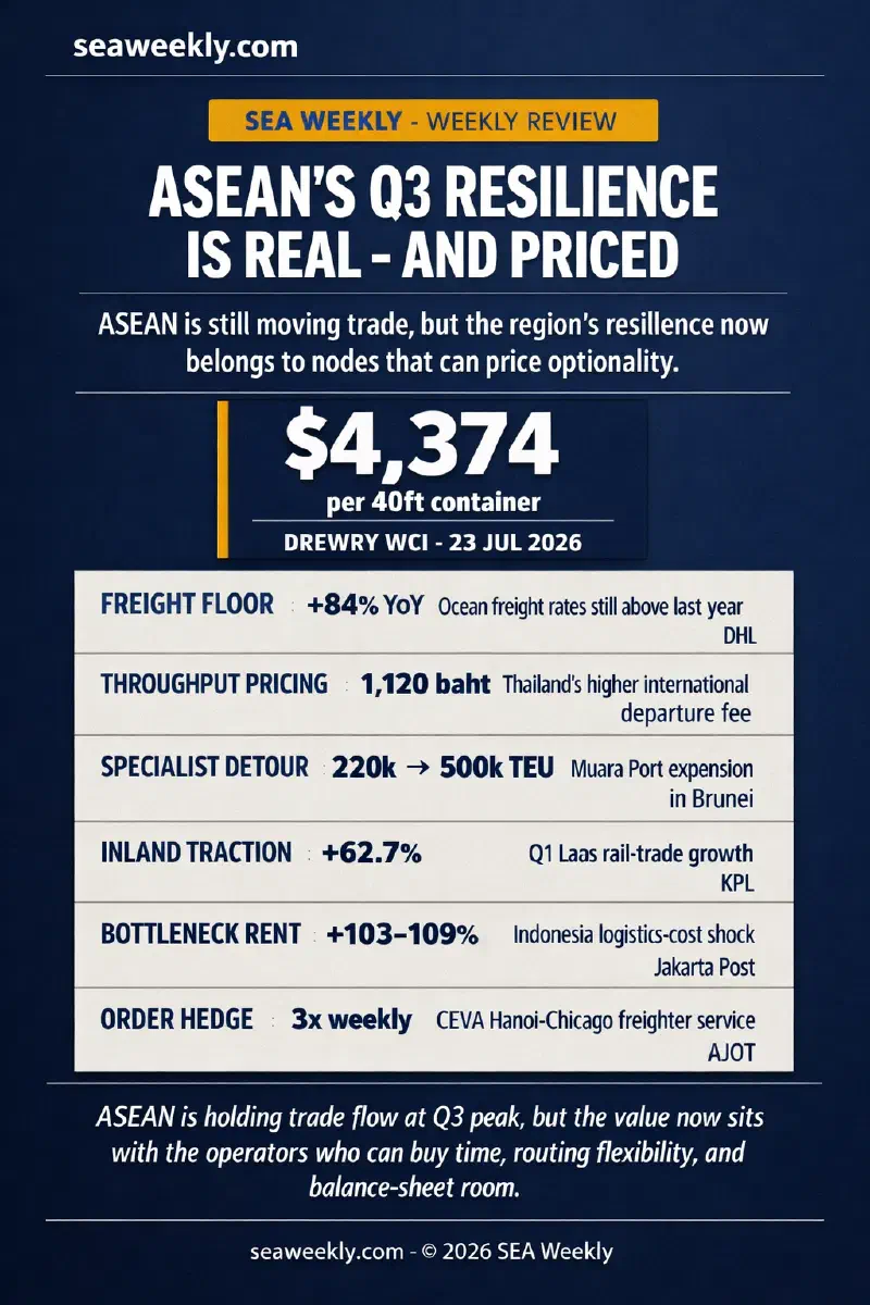 Infographic comparing ASEAN Q3 resilience signals across freight rates, Thai tourism throughput, Brunei port expansion, Laos railway trade, Indonesia logistics costs, and Vietnam electronics capacity