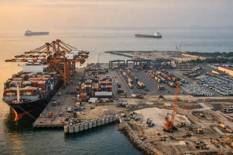 Active Southeast Asian container terminal beside a major new terminal expansion, with inland transfer infrastructure and ships moving through a busy maritime corridor
