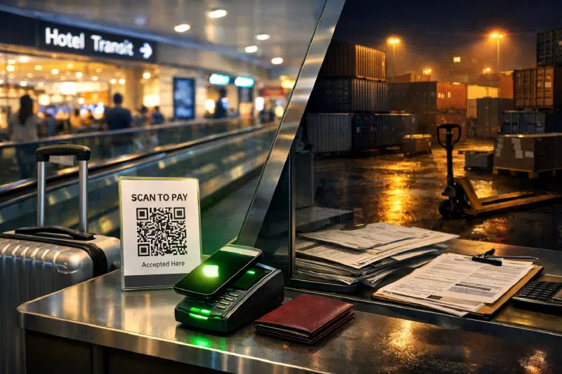 A split Southeast Asian transport scene at night: travelers paying with a QR code at an airport retail counter in the bright foreground, while darker stacked containers and a warehouse loading bay recede behind them, illustrating fast travel payments against capital-heavy logistics finance.