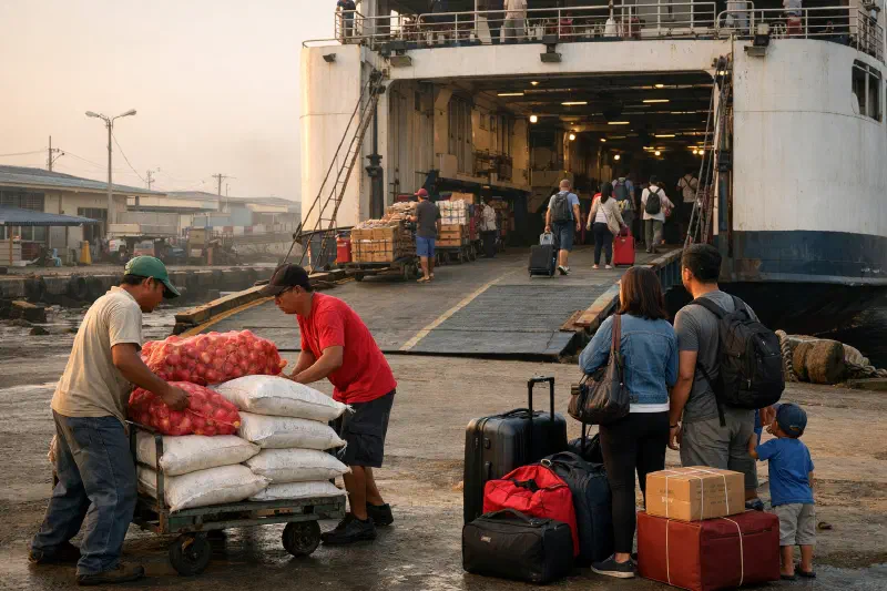 An early-morning Philippine roll-on roll-off ferry terminal where produce handlers move sacks of food beside families with luggage waiting to board the same vessel, showing cargo and leisure traffic sharing one inter-island gateway
